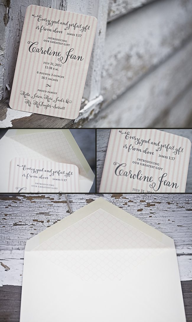 b sweet, girly letterpress baby announcements