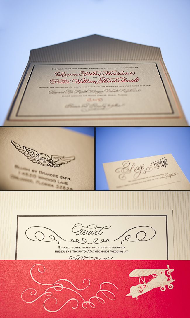 retro aviation letterpress wedding invitations