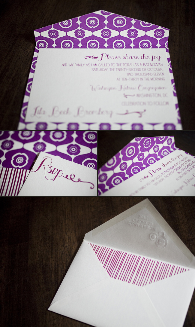 Rasberry-Grid colorful letterpress bat mitzvah invitation