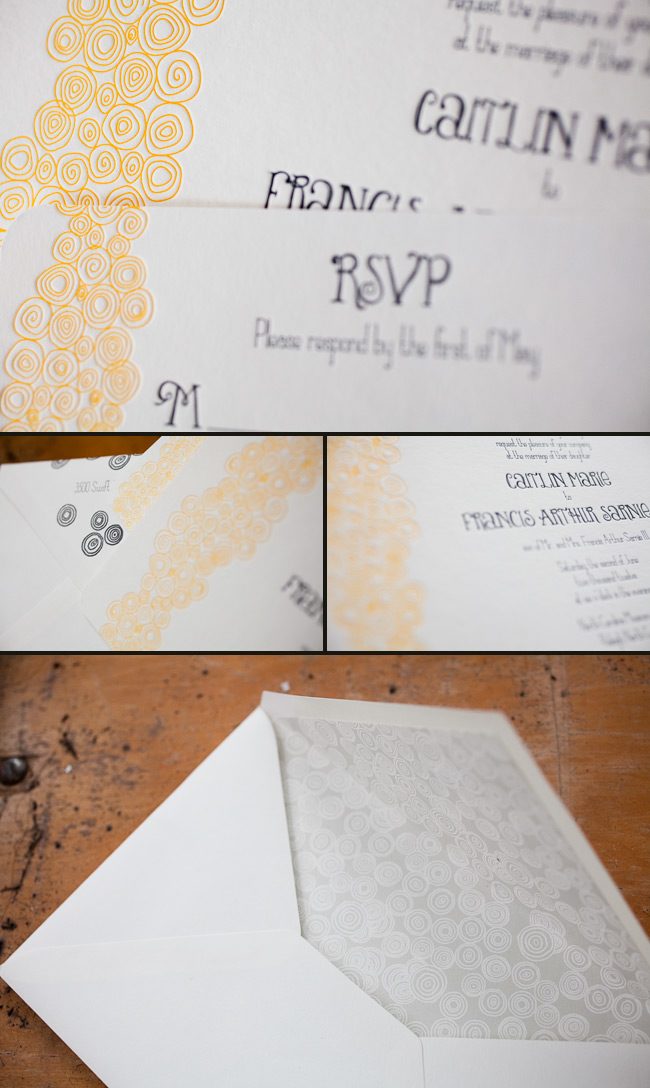 whimsical and colorful letterpress wedding invitation