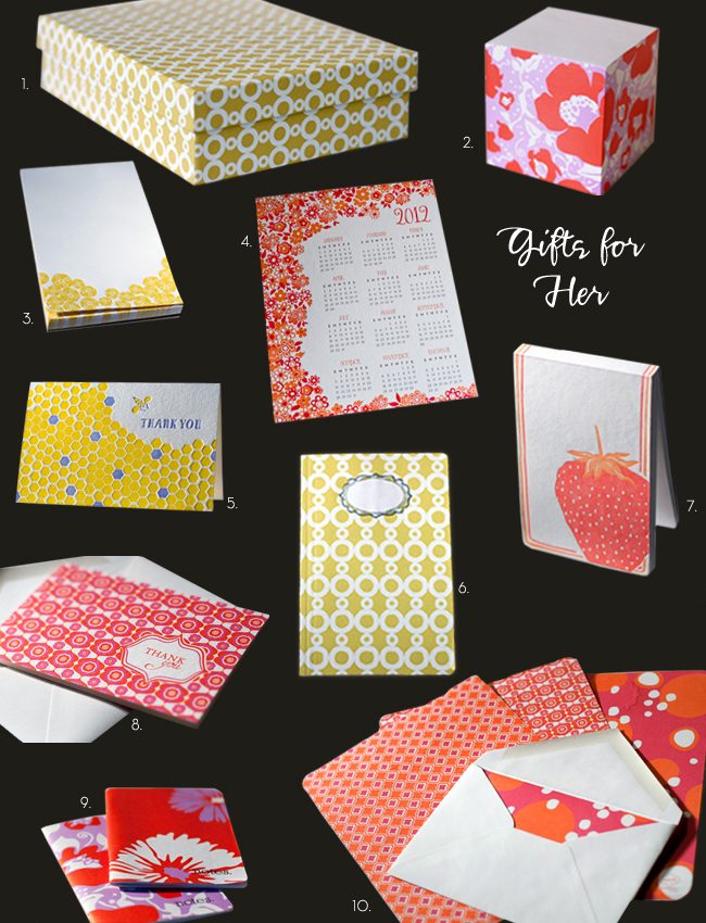 The Smock Stationery gift guide for her 2011 Best-selling letterpress stationery items from Smock that make great gifts for women