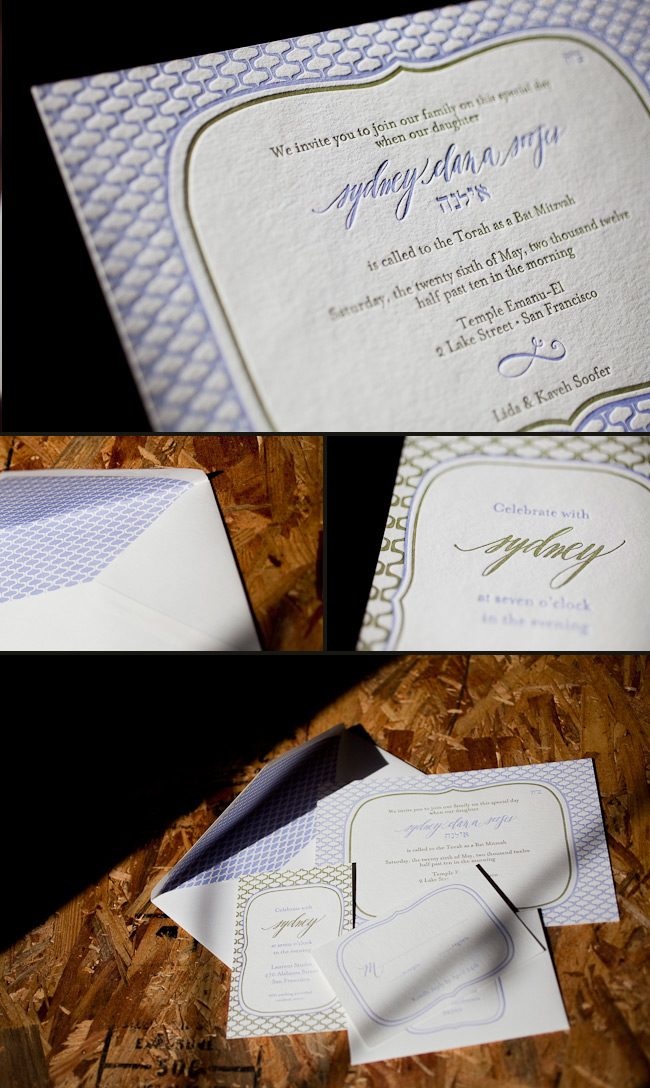 Custom-270-5835 whimsical letterpress bat mitzvah invitations