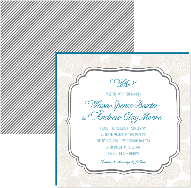 odin-invite3 A square customization of our Odin design in sand, pewter and peacock inks. The Odin letterpress invitation suite is on sale now through May 14.