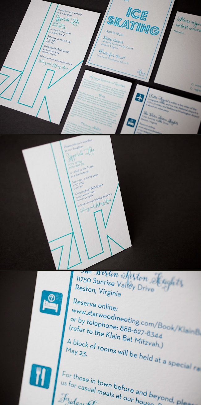 This is a custom Smock letterpress bat mitzvah invitation. This is a custom modern Smock letterpress bat mitzvah invitation