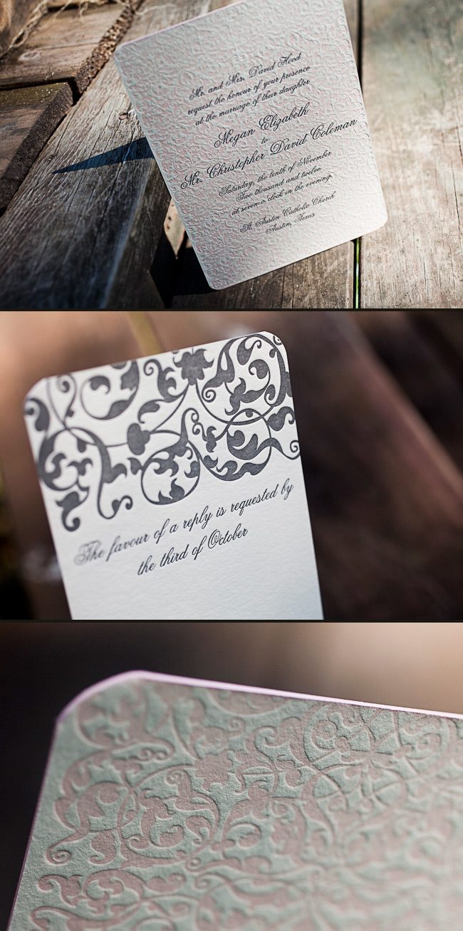 This is a romantic customization of Smock's Altar letterpress wedding invitation printed in pearl and pewter inks.