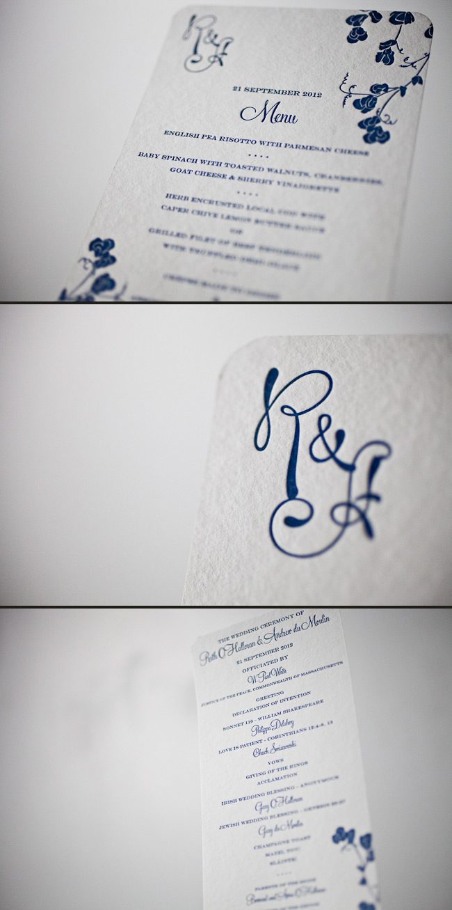 Custom letterpress day-of pieces add a unique and personal touch to your big day! Custom library letterpress day of pieces in navy ink.