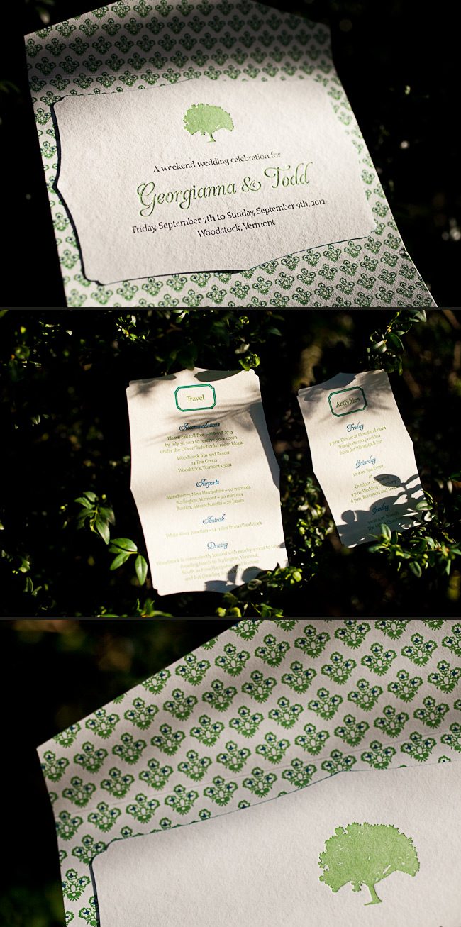 This is a customization of Smock's Breton design. A gorgeous folio and tree motifs make this letterpress wedding invitation perfect