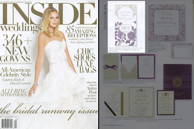 Inside Weddings featured a Smock customization as part of their fall 2012 issue An invitation customization featuring Smock's Rhon and Dawson designs was featured in the fall 2012 issue of Inside Weddings