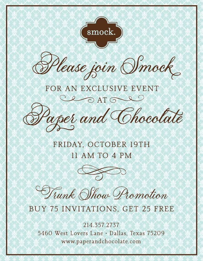 Smock trunk show at Paper and Chocolate on October 19, 2012!