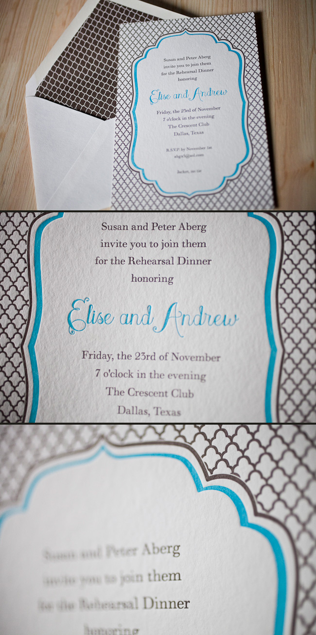 Smock's Dawson design is perfect for this rehearsal dinner invitation. Letterpress and offset printing are a great combination in this Dawson letterpress invitation