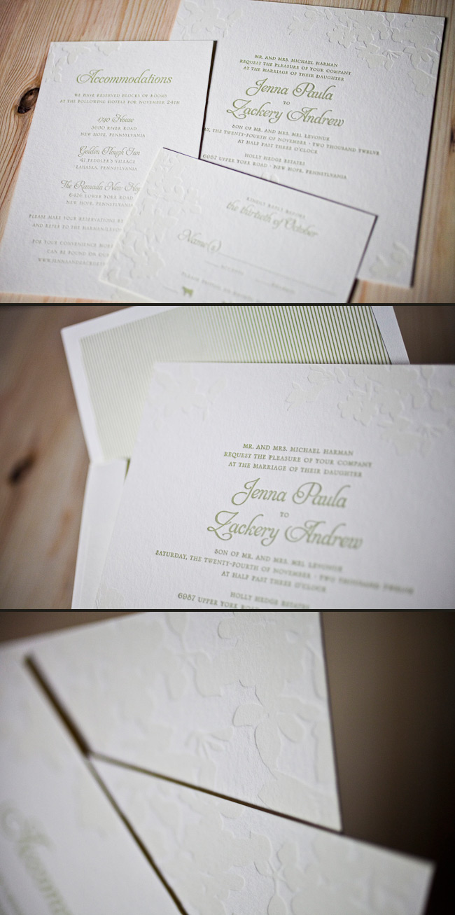 Soft and romantic colors make this Kurai customization unique. Kurai letterpress wedding invitations are delicate in sage and coconut inks