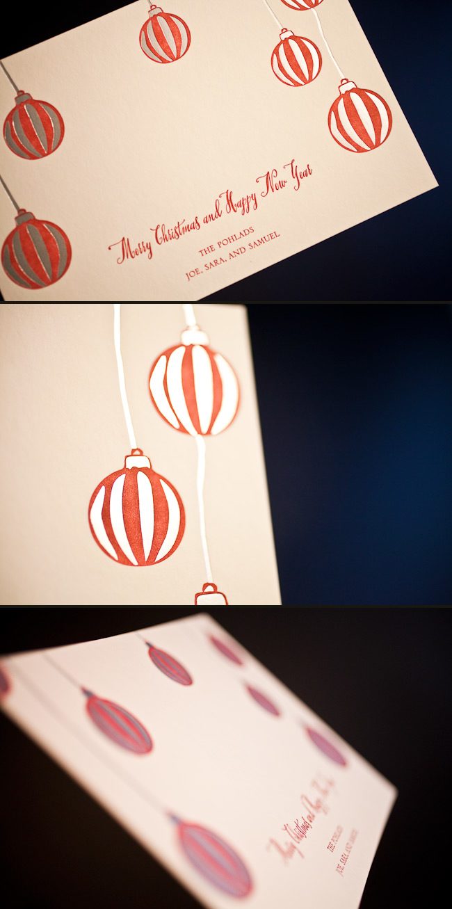 These festive holiday cards are letterpress, offset and foil stamped. Combining letterpress, foil and offset is a great way to customize your holiday cards