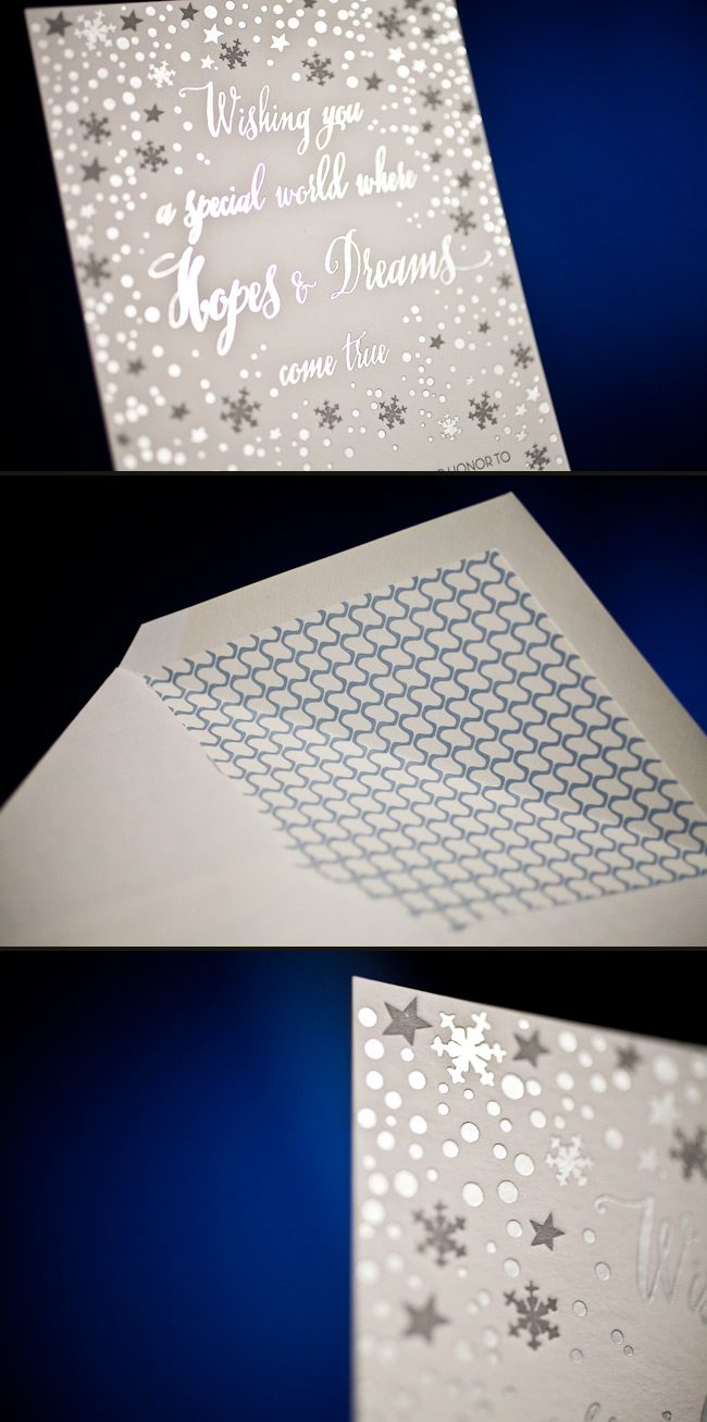 A combination of letterpress and foil make these holiday cards stand out! We love how silver letterpress and silver matte foil blend together.
