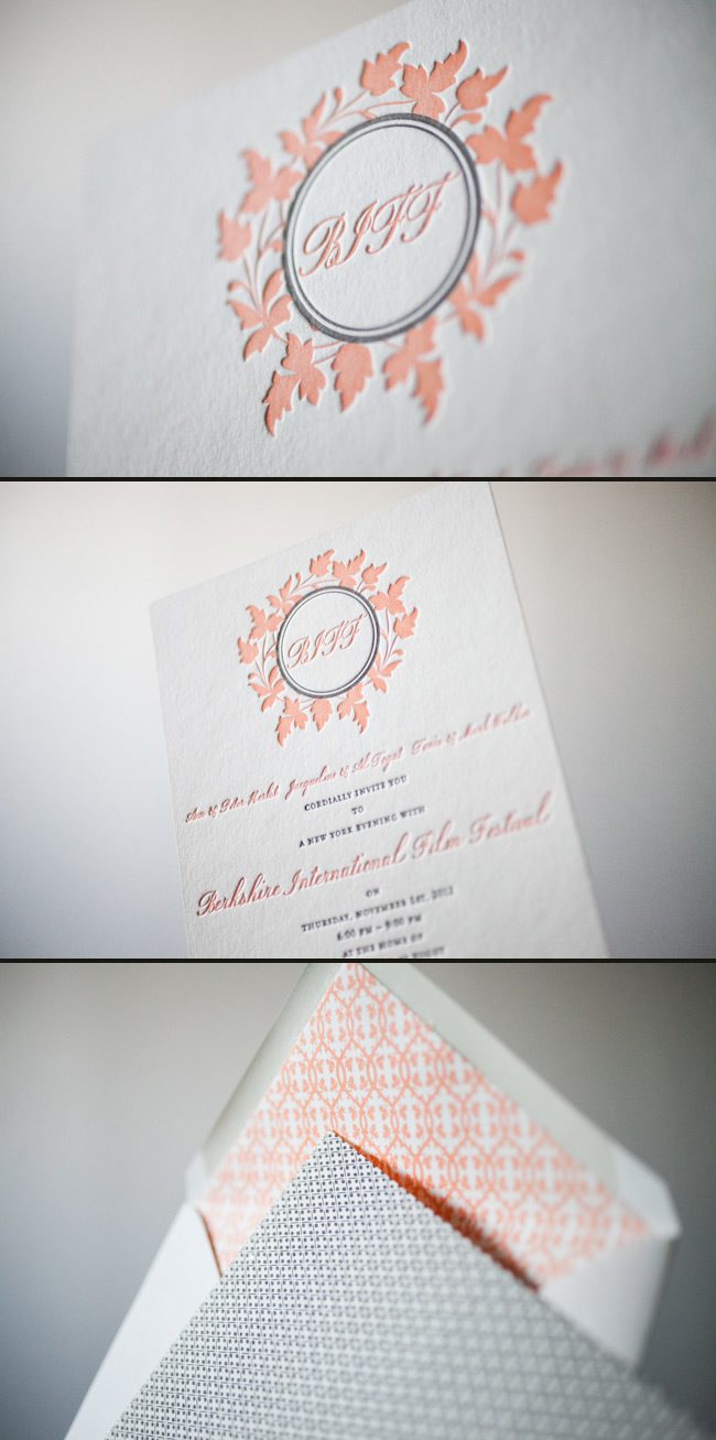 Chasseral letterpress invitations for film festivities Tangerine and espresso inks look lovely letterpressed