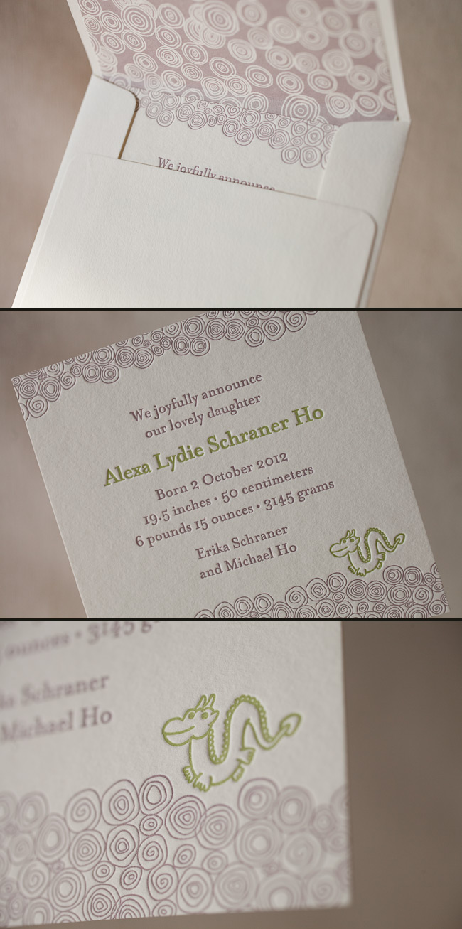 These charming letterpress baby announcements feature cute dragons Make your letterpress baby announcements unique by adding sweet motifs