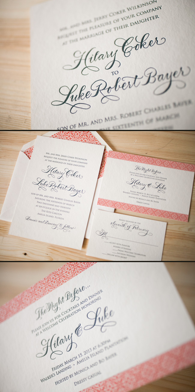 Custom letterpress wedding invitations featuring hand calligraphy by Debi Zeinert Letterpress wedding invitations that are printed in midnight and coral inks