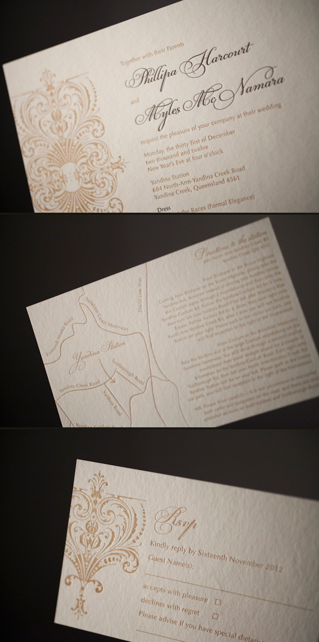 Gold and espresso letterpress wedding invitations. Elegant and regal letterpress wedding invitations in gold and espresso inks.