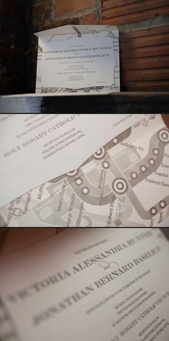 Letterpress and offset wedding invitation suite with custom map Custom Washington DC map folio