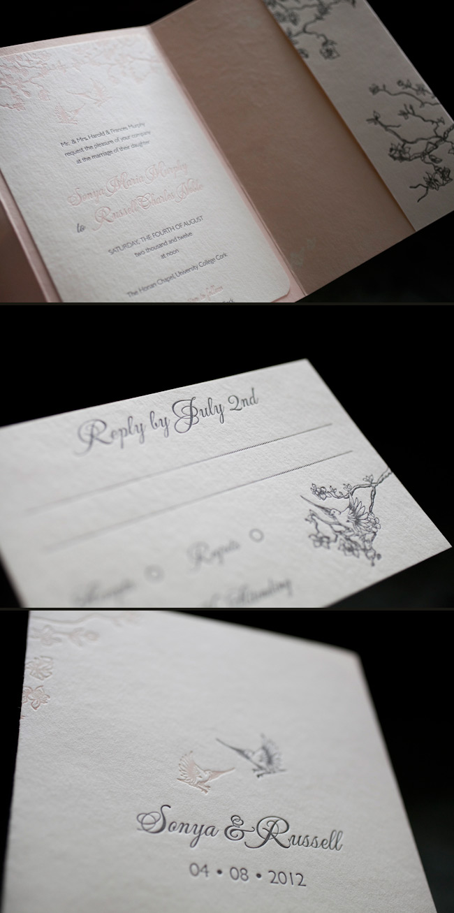 Romantic custom artwork creates a lovely letterpress wedding invitation Letterpress + offset wedding invitation suite with custom artwork
