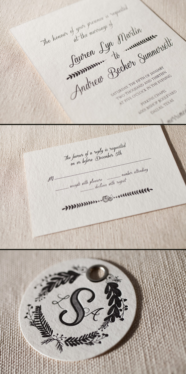 Classic letterpress wedding invitations on bamboo paper Letterpress wedding invitations with custom artwork