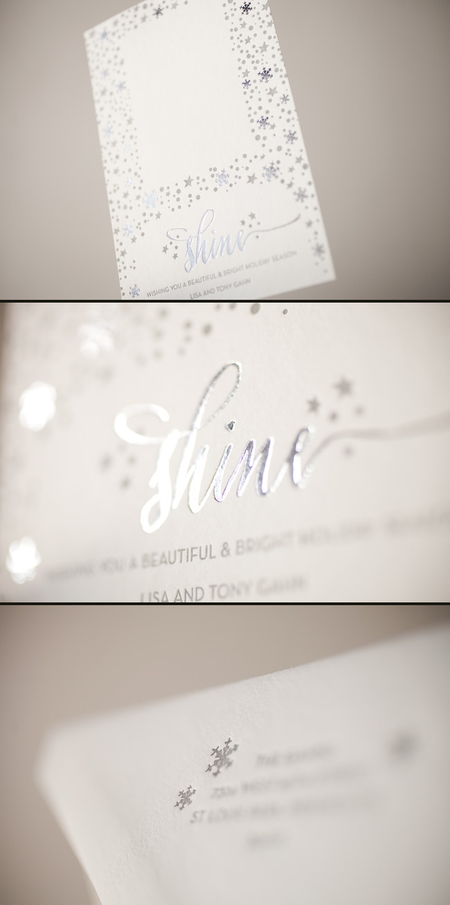 Shiny silver letterpress + foil holiday cards! Custom holiday photo cards with sparkle