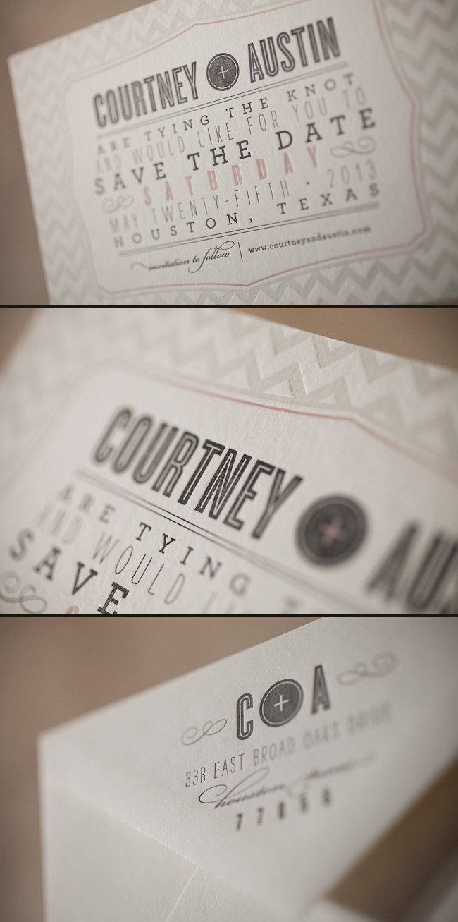 Subtle letterpress save the dates with stylish chevron Trendy chevron letterpress wedding save the dates
