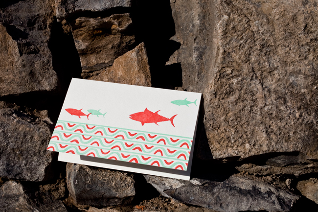 100% of profits from Fin - the newest letterpress card in Smock's change the world card series - will be donated to help the Monterey Bay Aquarium's Seafood Watch Fin - Smock's newest addition to their change the world letterpress card series