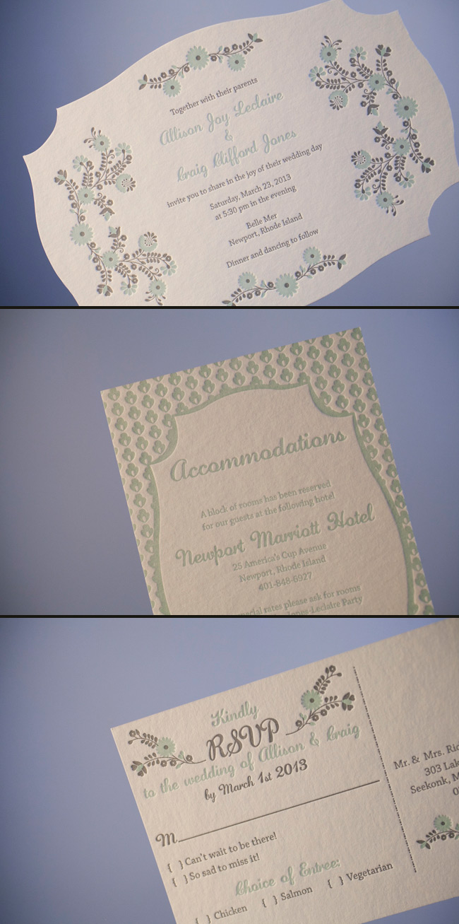 Custom letterpress die cut wedding invitations Whimsical custom artwork for letterpress