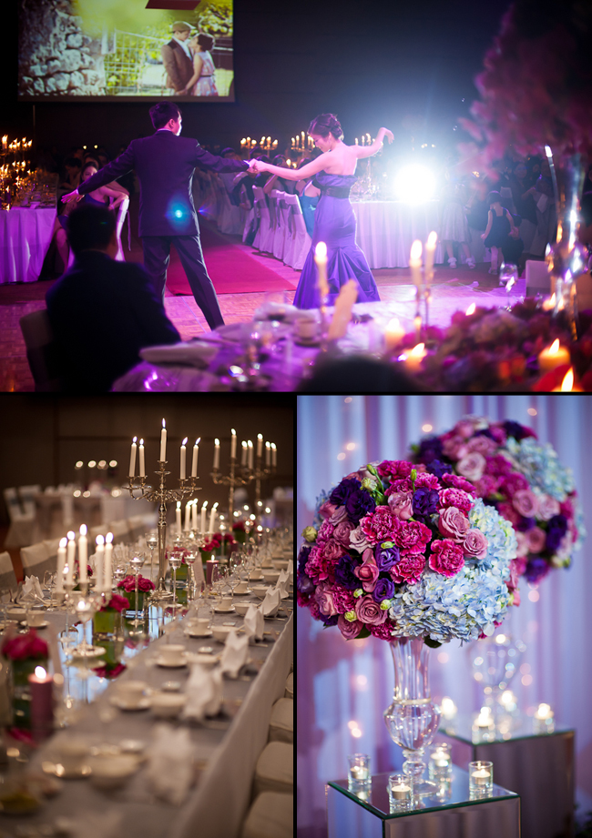 Reception details inspired by a romantic evening. The bride wore a stunning purple gown for the reception! Romantic real Smock wedding