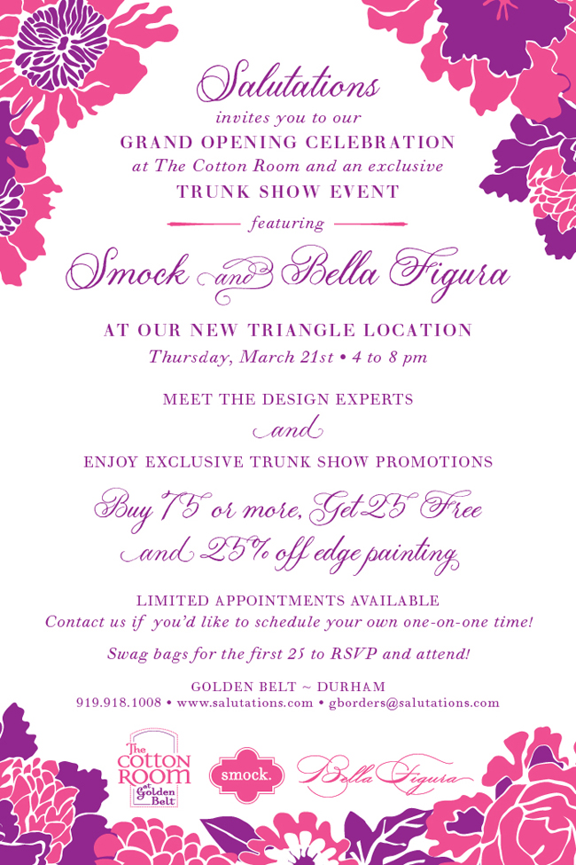 Join Smock and Salutations on Thursday, March 21 for a grand opening celebration at the new Salutations location in Durham! Smock will also host a trunk show with Salutations in Charlotte Take advantage of trunk show specials and save on letterpress wedding invitations from Smock