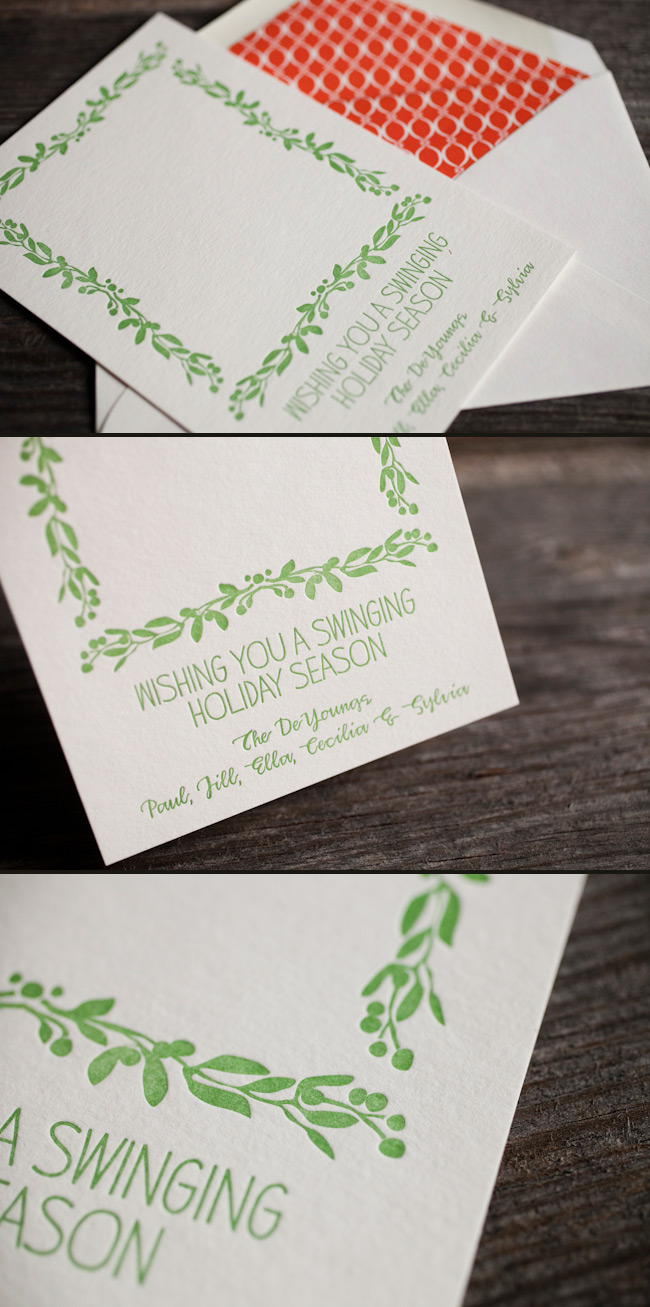 Colorful and festive letterpress photo cards Red and green custom holiday cards
