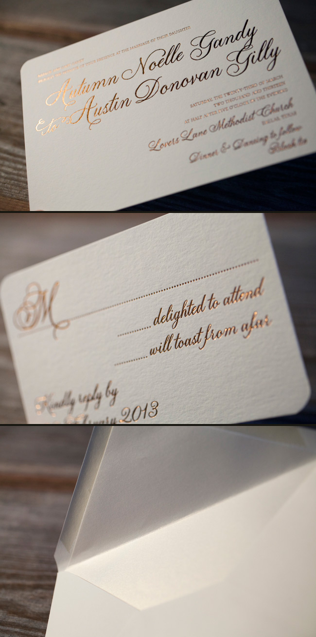 Stylish copper shine foil wedding invitations Foil wedding invitations in copper shine