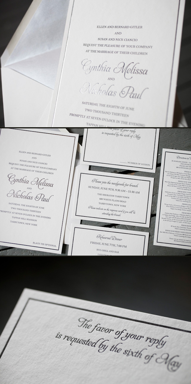 Classic silver and black wedding invitations Wedding invitations printed in classic black and silver foil