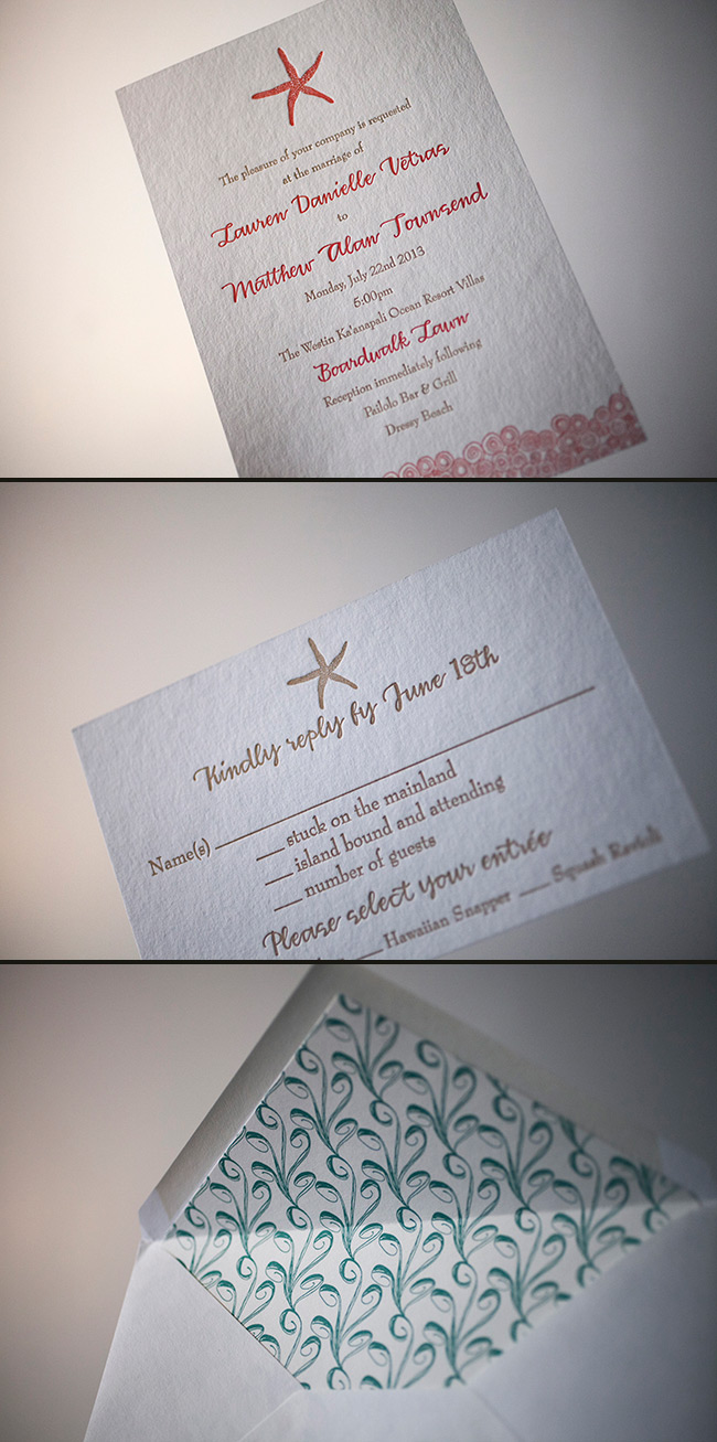 Colorful nautical letterpress wedding invitations Starfish and nautical themed wedding invitations