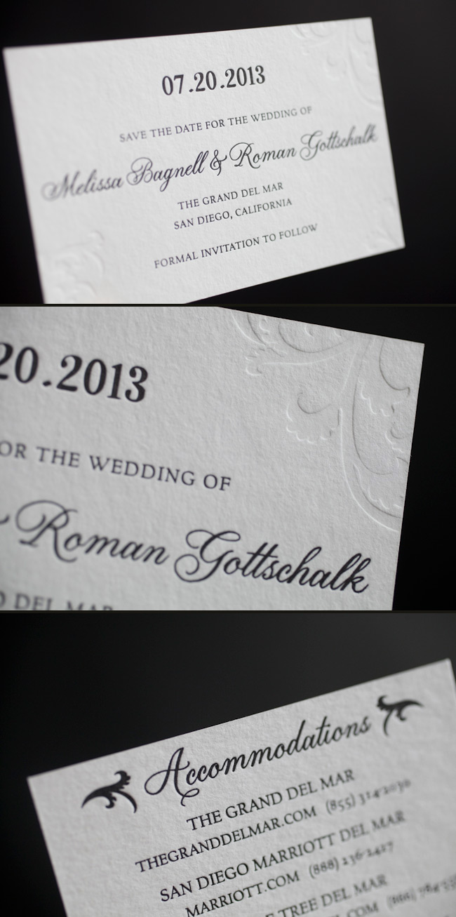Small and classic letterpress save the dates Letterpress save the dates in black and blind deboss