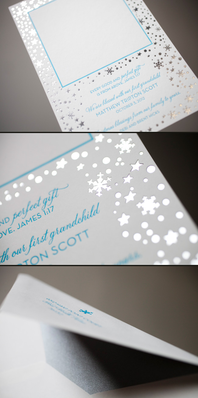 Shiny silver letterpress + foil holiday cards! Letterpress and foil make these holiday cards shine