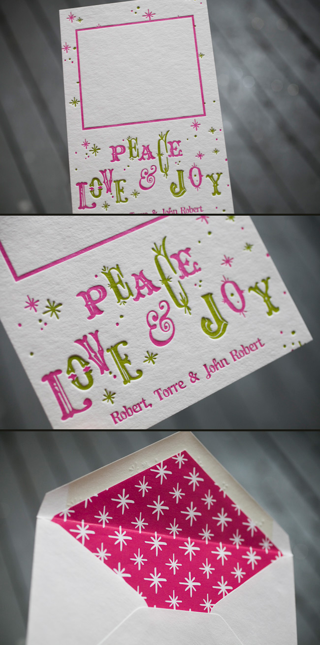 Colorful letterpress holiday photo cards Peace, love and joy letterpress holiday cards