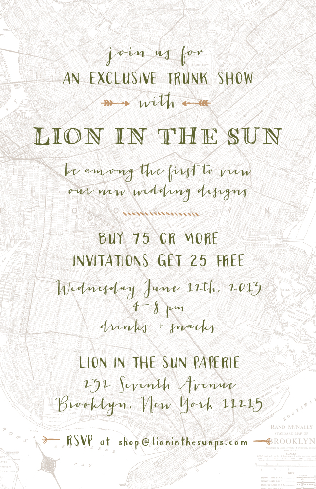 Join Smock at Lion in the Sun in Brooklyn on June 12 for an exclusive trunk show featuring the brand new Smock wedding album! View Smock's brand new letterpress wedding invitations and foil stamped invitations at Lion in the Sun in Brooklyn