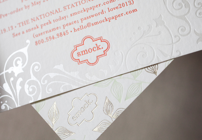 A close-up of Smock's 2013 National Stationery Show invitations Smock's letterpress and foil stamped National Stationery Show invitations