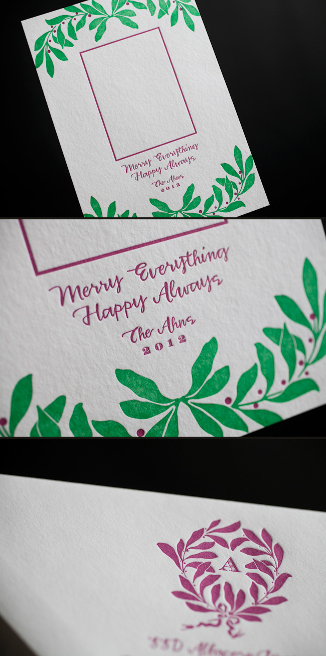 Colorful letterpress holiday photo cards Unique holiday photo cards with letterpress printing by Smock