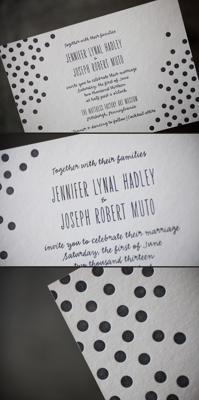 Pewter polka dotted letterpress invitations. Polka dotted letterpress invitations by Smock.