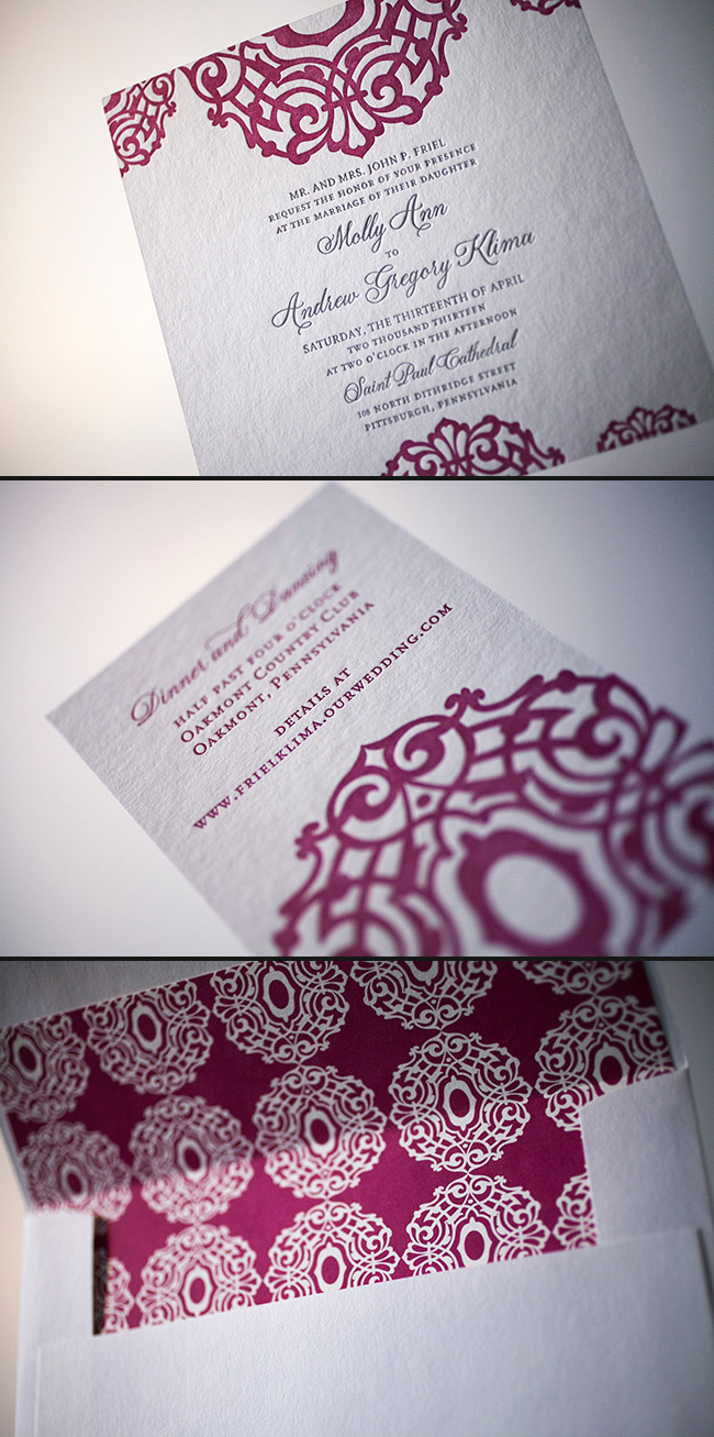 Silver and raspberry inks look lovely in letterpress. Smock's Lashar design looks lovely in silver and raspberry letterpress.