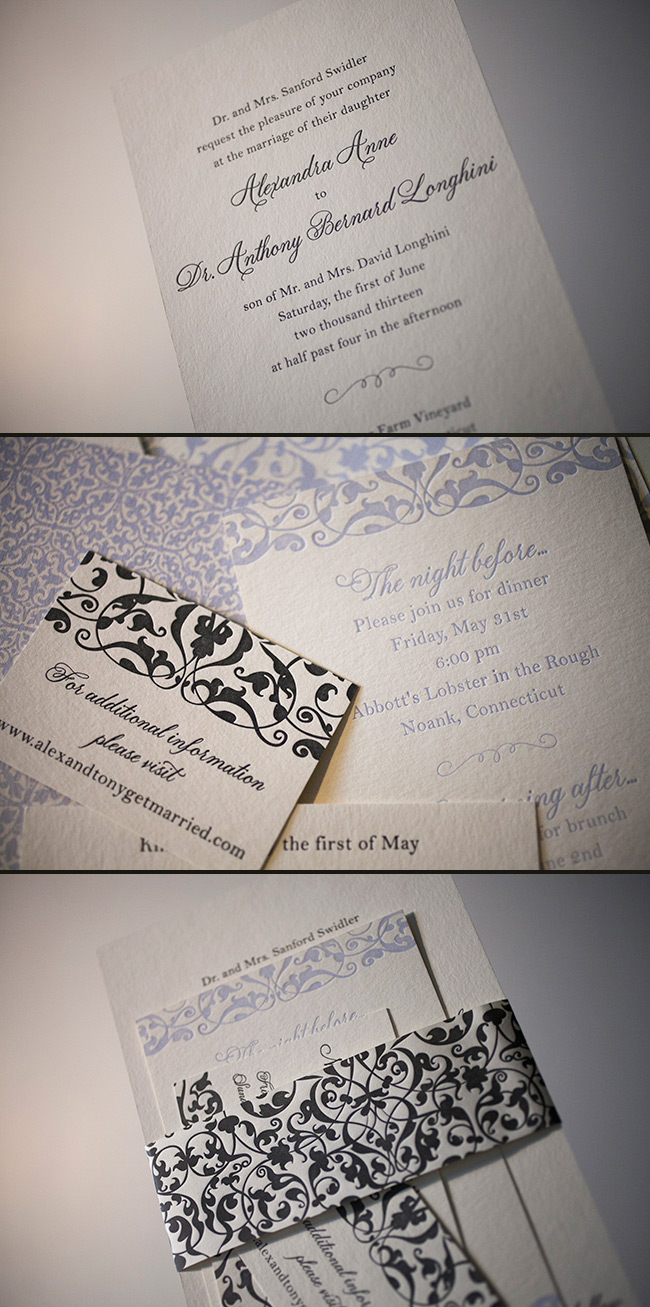 Wedding invitation suite with belly band by Smock Smock's letterpress wedding invitation design with matching belly band