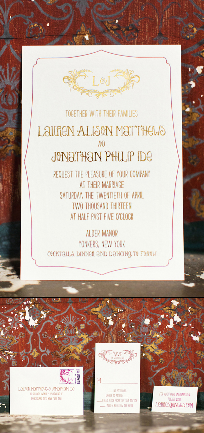 A chic customization of Smock's elegant Palmes design printed in gold foil and mulberry ink Letterpress and foil stamped wedding invitations from Smock