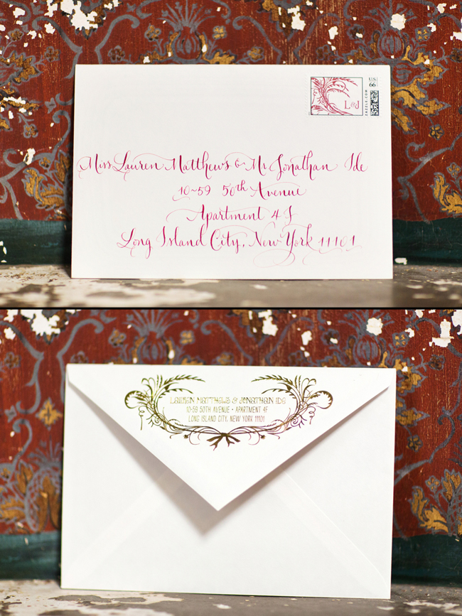 Smock's Palmes invitation envelopes with custom stamps and gorgeous hand calligraphy by Little Flower Calligraphy & Gifts Letterpress wedding invitation envelopes with custom stamps and hand calligraphy addressing