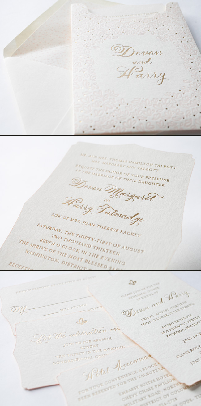 Gorgeous wedding invitation suite by Smock Stunning Wedding Invitation Suite in Gold Matte and Pearl