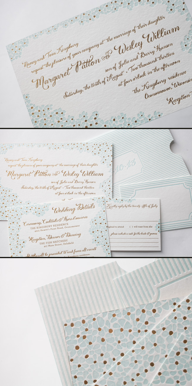 Letterpress and Foil Stamped Wedding Invitations by Smock Smock's Keira Letterpress and Foil Stamped Wedding Invitations featured with a customized letterpress sleeve.