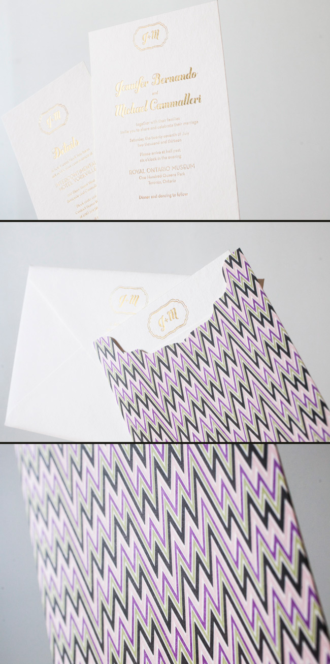 Smock's Colorful Chevron Sleeve looks modern and unique Modern Gold Invitations with a Colorful Chevron Sleeve