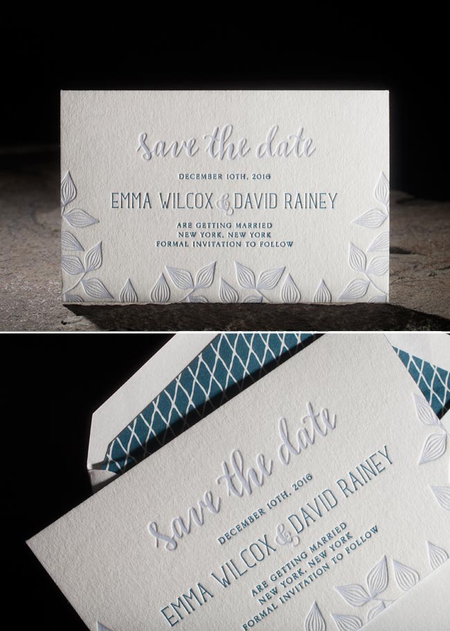 Avella letterpress save the dates + lined envelopes from Smock