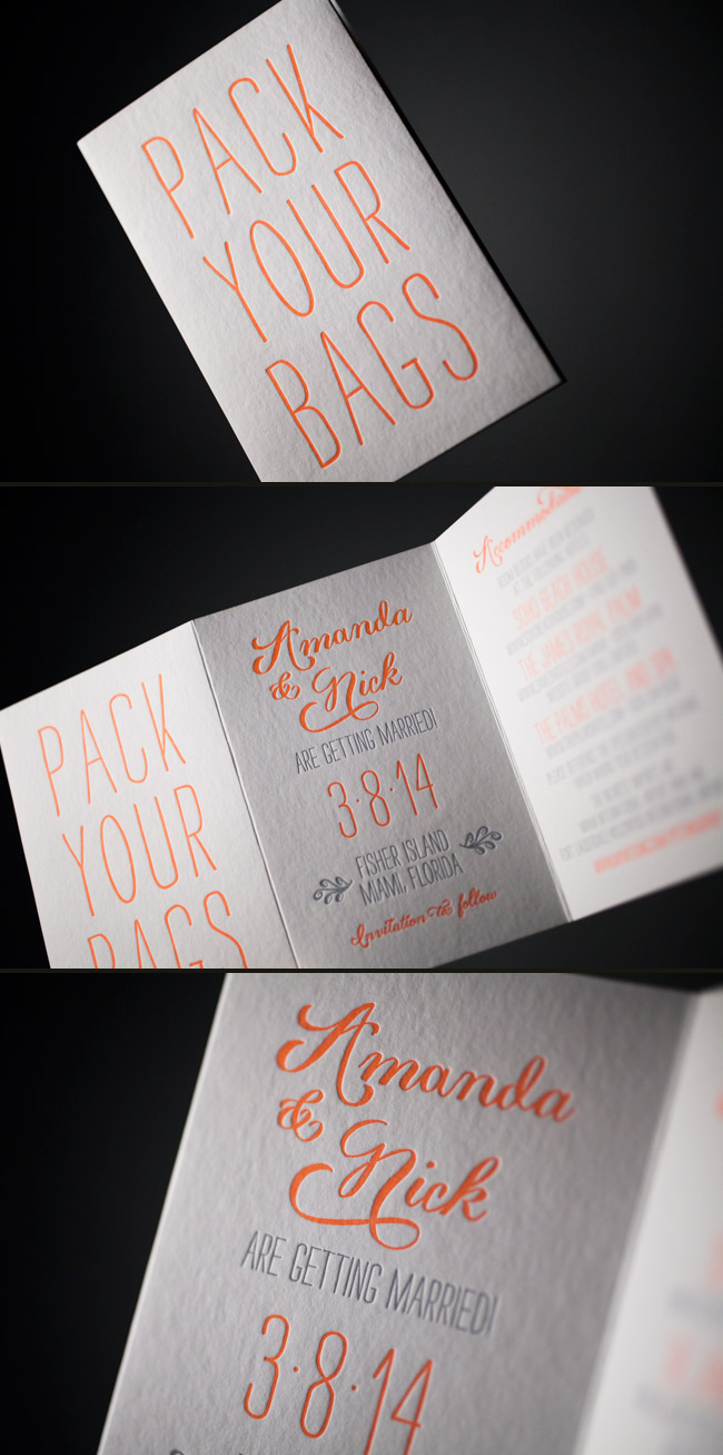 Trifold, custom-designed letterpress save the dates from Smock